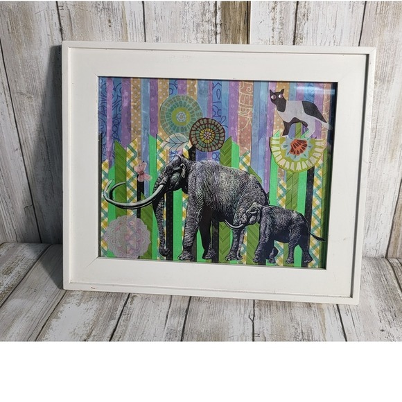 Framed Elephant Art Print Whimsical Wall Decor Cat Butterfly Colorful - Picture 5 of 5